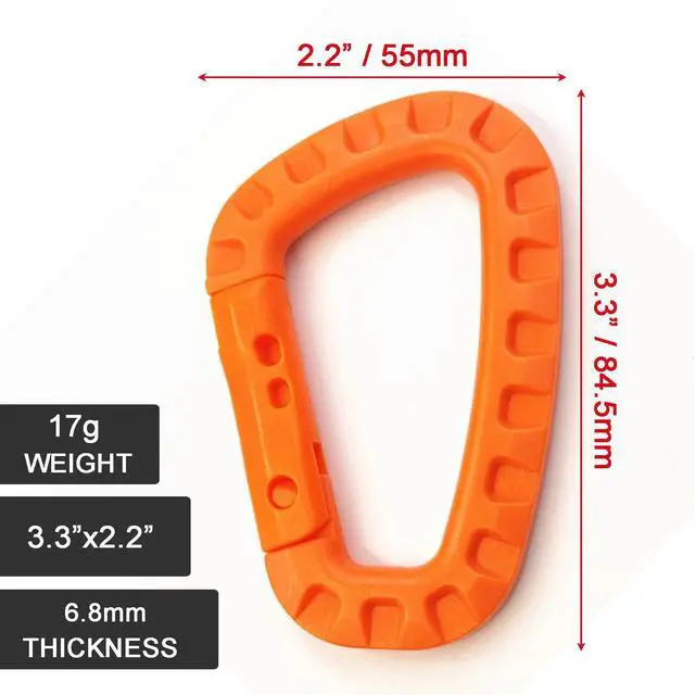 Alt view image 2 of 7 - 2Pack Tactical Gear Carabiner Keychain Clip Plastic D-Rings Large Key Chain Heavy Duty Snap Hook for Backpack, Belt, Keyrings, Bags, Bottle, Tent, Camping - Orange