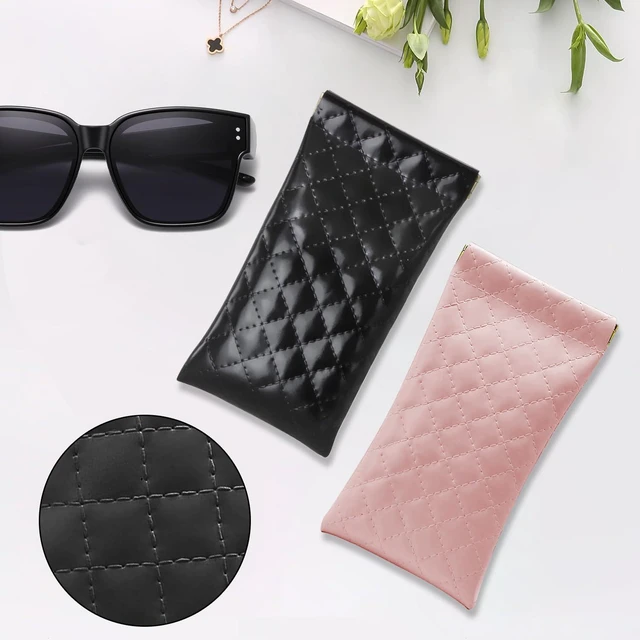 Alt view image 7 of 7 - ZACI 2 Pcs Leather Eyeglass Cases Portable Sunglasses Cases Squeeze Top PU Glasses Pouch Travel Soft Trinket Organizer Bags (Black Pink)