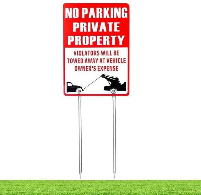 Main image of Kichwit No Parking Private Property Sign, Aluminum, Violators Will Be Towed Away At Vehicle Owner's Expense, Sign Measures 13 3/8" x 9 1/2", Metal Stakes Included