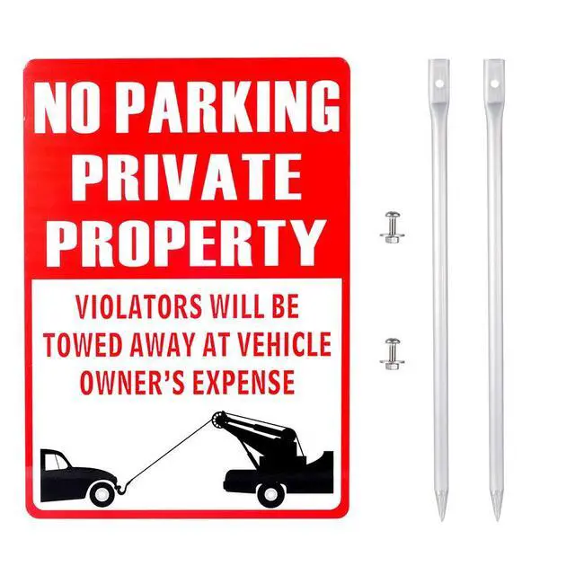 Alt view image 2 of 7 - Kichwit No Parking Private Property Sign, Aluminum, Violators Will Be Towed Away At Vehicle Owner's Expense, Sign Measures 13 3/8" x 9 1/2", Metal Stakes Included