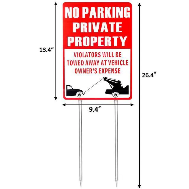 Alt view image 4 of 7 - Kichwit No Parking Private Property Sign, Aluminum, Violators Will Be Towed Away At Vehicle Owner's Expense, Sign Measures 13 3/8" x 9 1/2", Metal Stakes Included