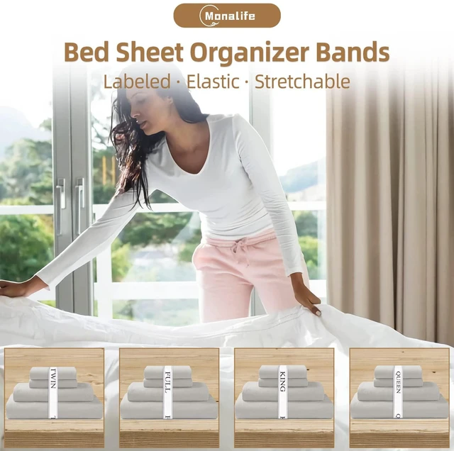 Alt view image 2 of 7 - Bed Sheet Organizer Bands - Sheet Keepers for Organizing,Elastic Sheet Storage Organizer for Linen Closet - Sheet Linen Labels for Bedding Sets-Bed Bands Sheet Storage for Organization (Full 4 Pack)