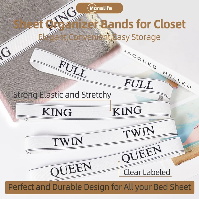 Alt view image 4 of 7 - Bed Sheet Organizer Bands - Sheet Keepers for Organizing,Elastic Sheet Storage Organizer for Linen Closet - Sheet Linen Labels for Bedding Sets-Bed Bands Sheet Storage for Organization (Full 4 Pack)