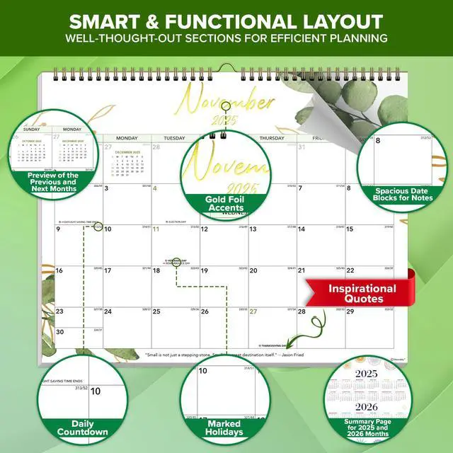 Alt view image 2 of 6 - Decorably 18 Months Gold-Foiled Greenery Academic 18 Month 2025 Calendar Wall July 2025 to Dec 2026, 14.5x11.5in Spring-Bound Green Wall Calendar with Inspirational Quotes for Office and Home Planning