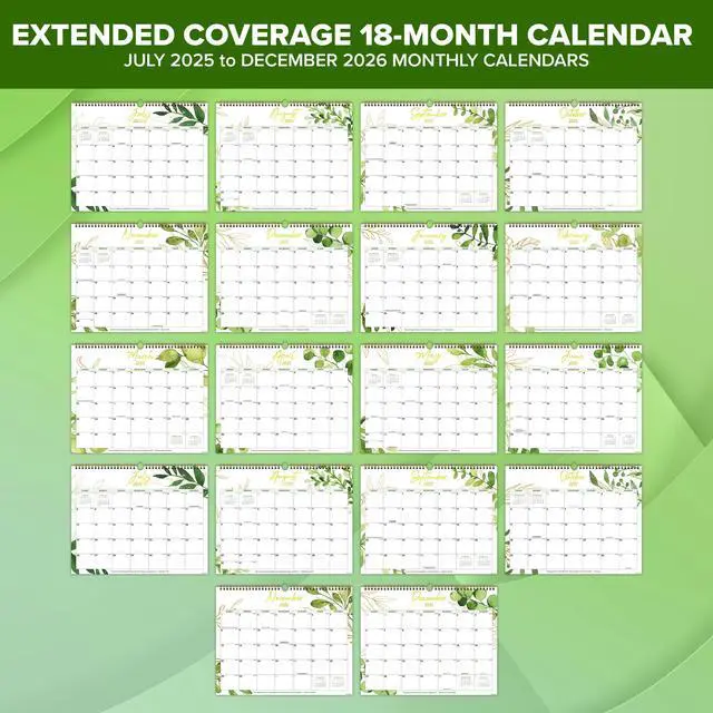 Alt view image 3 of 6 - Decorably 18 Months Gold-Foiled Greenery Academic 18 Month 2025 Calendar Wall July 2025 to Dec 2026, 14.5x11.5in Spring-Bound Green Wall Calendar with Inspirational Quotes for Office and Home Planning