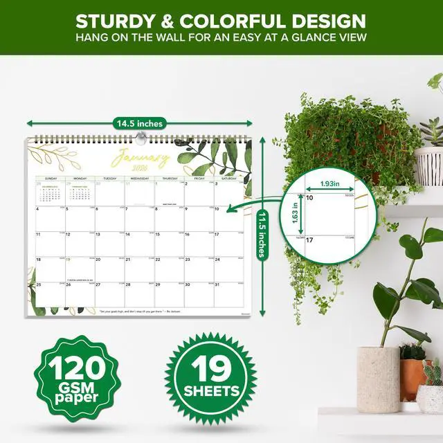 Alt view image 4 of 6 - Decorably 18 Months Gold-Foiled Greenery Academic 18 Month 2025 Calendar Wall July 2025 to Dec 2026, 14.5x11.5in Spring-Bound Green Wall Calendar with Inspirational Quotes for Office and Home Planning