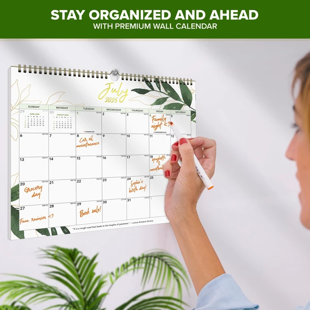 Alt view image 6 of 6 - Decorably 18 Months Gold-Foiled Greenery Academic 18 Month 2025 Calendar Wall July 2025 to Dec 2026, 14.5x11.5in Spring-Bound Green Wall Calendar with Inspirational Quotes for Office and Home Planning