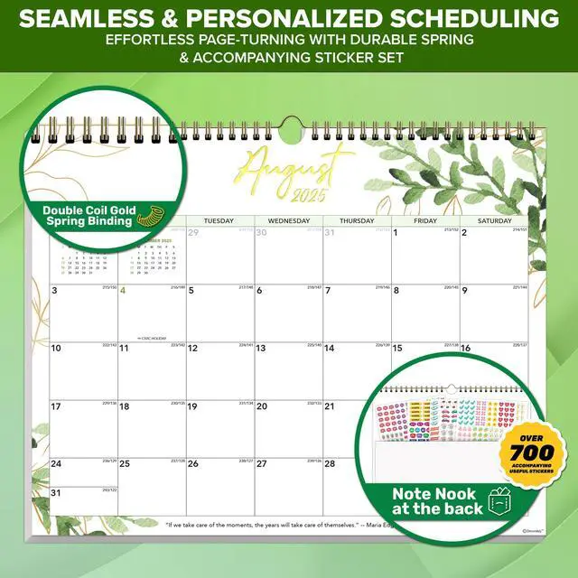 Alt view image 5 of 6 - Decorably 18 Months Gold-Foiled Greenery Academic 18 Month 2025 Calendar Wall July 2025 to Dec 2026, 14.5x11.5in Spring-Bound Green Wall Calendar with Inspirational Quotes for Office and Home Planning