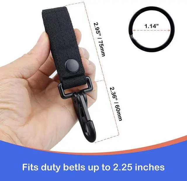 Alt view image 2 of 7 - Heavy Duty Key Holder Clip for Belts - Metal Snap Hook & Nylon MOLLE Strap | Fits 1.5"-2.25" Duty/Tactical Belts, Secure Key Organizer (Black), 2 Pack