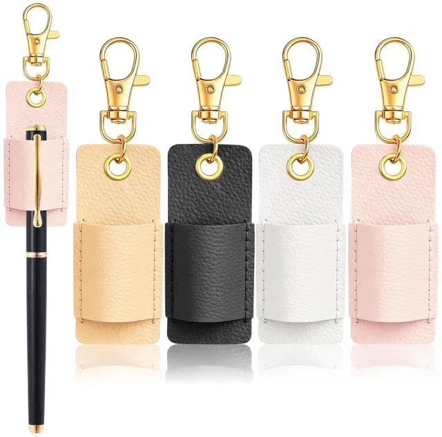 Main image of 4 Pcs Lanyard Pen Holder, Anti-Lost Portable Keychain Pocket Pen Sleeve | for Nurses & Office Staff, Pink Khaki White Black Pen Protective Case with Keyring Lanyards, Universal Stationery Supply Kit