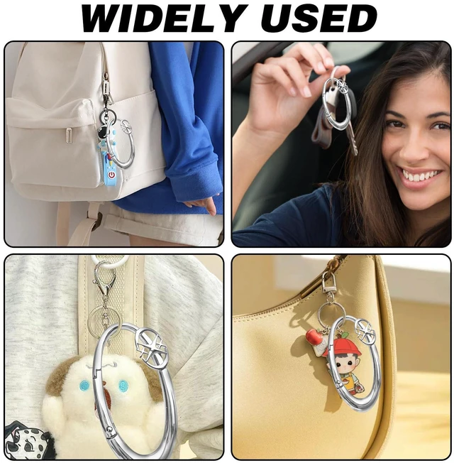 Alt view image 7 of 7 - Zinc Alloy Double Star Push Button Large Keychain, Cute Carabiner Minimal Alloy Material Silver Cute for Car Keys Purse Handbag Backpack Bag Charms