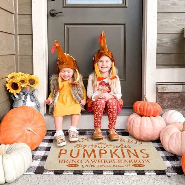 Alt view image 2 of 7 - Fall Door Mat Outside,Hand Picked Pumpkin Welcome Mat for Front Door,Thanksgiving Autumn Indoor Outdoor Non-Slip Rugs,Fall Doormat for Farmhouse Home Porch Decorations 30" x 17"