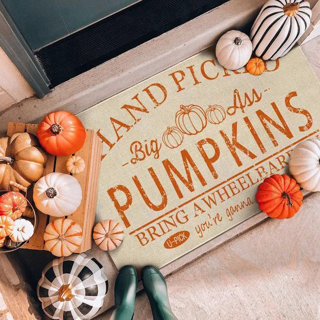 Alt view image 5 of 7 - Fall Door Mat Outside,Hand Picked Pumpkin Welcome Mat for Front Door,Thanksgiving Autumn Indoor Outdoor Non-Slip Rugs,Fall Doormat for Farmhouse Home Porch Decorations 30" x 17"