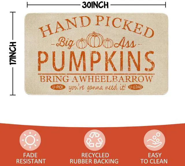 Alt view image 6 of 7 - Fall Door Mat Outside,Hand Picked Pumpkin Welcome Mat for Front Door,Thanksgiving Autumn Indoor Outdoor Non-Slip Rugs,Fall Doormat for Farmhouse Home Porch Decorations 30" x 17"