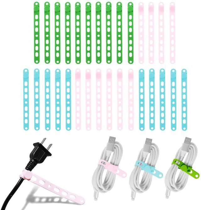 Main image of Lantellex 30Pcs Silicone Cable Ties, Office Desk Organizer Accessories, 5.3Inch Reusable Wire Ties Management with Lock Buckle, Adjustable Charger Cable Strap (Pink, Blue, Green)