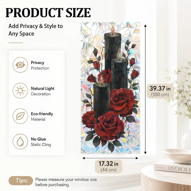 Alt view image 2 of 7 - Black Candle Red Rose Window Privacy Film 17x39in Static Cling PVC | Black candle and red rose decor with removable reusable static cling for bedrooms bathrooms living rooms and glass doors