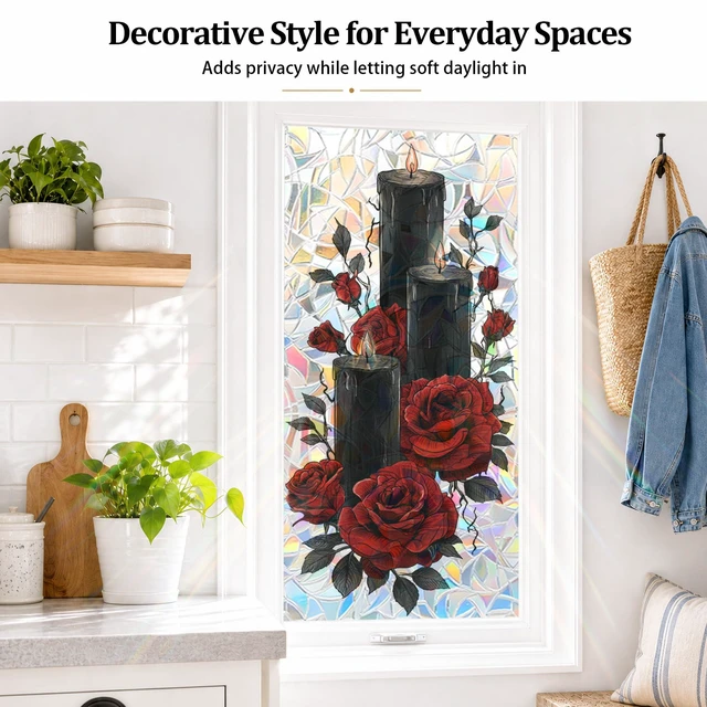 Alt view image 4 of 7 - Black Candle Red Rose Window Privacy Film 17x39in Static Cling PVC | Black candle and red rose decor with removable reusable static cling for bedrooms bathrooms living rooms and glass doors