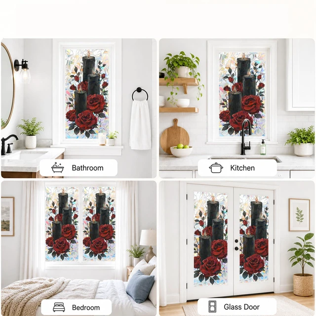 Alt view image 5 of 7 - Black Candle Red Rose Window Privacy Film 17x39in Static Cling PVC | Black candle and red rose decor with removable reusable static cling for bedrooms bathrooms living rooms and glass doors