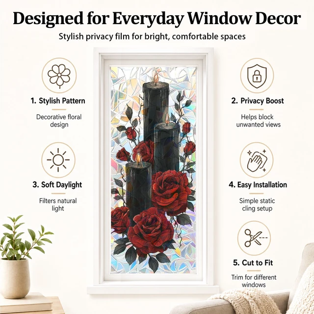 Alt view image 6 of 7 - Black Candle Red Rose Window Privacy Film 17x39in Static Cling PVC | Black candle and red rose decor with removable reusable static cling for bedrooms bathrooms living rooms and glass doors