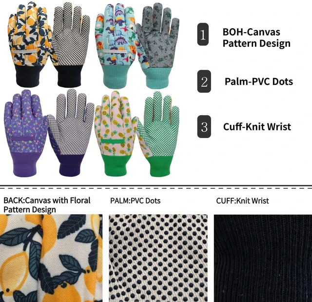 Alt view image 2 of 6 - MSUPSAV 4 Pairs Gardening Gloves,Garden Glove Children,Gifts,Age3-4,Small | For Picking,Yard Work,Digging,Weeding,Planting,Pruning,Canvas,Cute Floral Pattern,Anti-slip Dotted Palm,Soft Knit Wrist