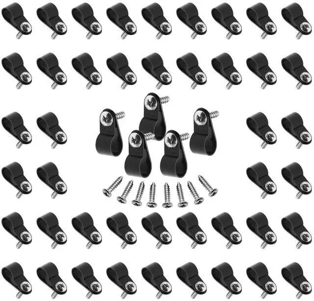 Main image of 60pcs 3/8 Inch Nylon Cable Clamps, Black R-Type Wire Cable Clips | with M4 Screws, Screw Mounting Cord Fastener, Wire Conduit Clamp, for Wire Management