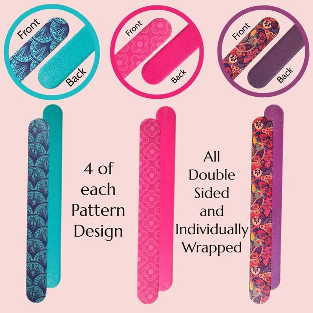 Alt view image 2 of 7 - 12 Nail File Emery Boards Dual Sided Buffer Nail Filing Tools Smoothing Manicure Pedicure TSA Travel Friendly Professional DIY Fashionable Design Pink Blue Purple