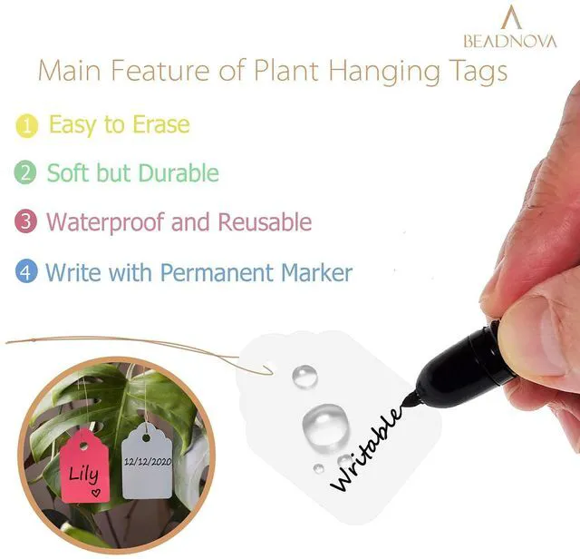 Alt view image 4 of 5 - BEADNOVA Plant Hanging Tags 100pcs Tags with String Reusable Plant Labels Markers Plastic Garden Signs Garden Markers for Outdoor (2 Inch, White)