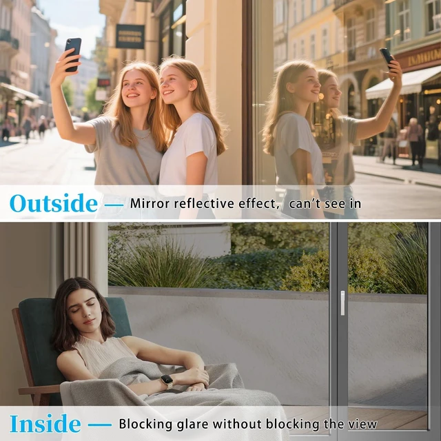 Alt view image 3 of 7 - ConCus-T One Way Window Privacy Film Daytime Reflective Mirror Film Non-Adhesive Static Cling Anti UV Sun Blocking Window Tint for Home Office, Black Silver 11.81 Inch x 6.5 Feet