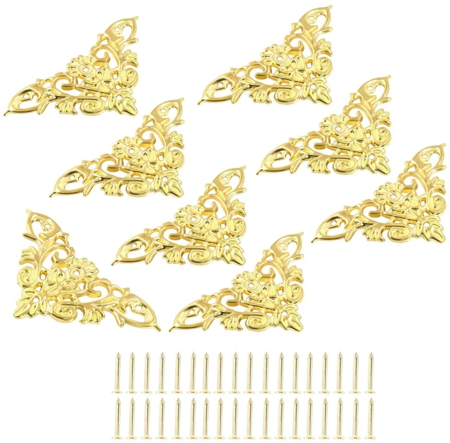 Main image of 8 Pcs Vintage Style Corner Protectors, Gold | Triangle Furniture Decorative Edge Cover, Antique Zinc Alloy Carved, With Mounting Screws, For Box Wooden Case Table Desk