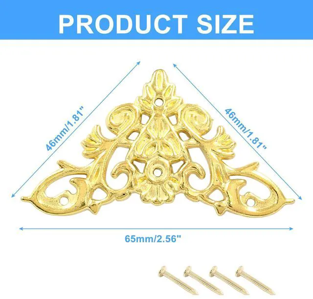 Alt view image 2 of 5 - 8 Pcs Vintage Style Corner Protectors, Gold | Triangle Furniture Decorative Edge Cover, Antique Zinc Alloy Carved, With Mounting Screws, For Box Wooden Case Table Desk