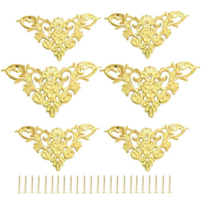 Alt view image 4 of 5 - 8 Pcs Vintage Style Corner Protectors, Gold | Triangle Furniture Decorative Edge Cover, Antique Zinc Alloy Carved, With Mounting Screws, For Box Wooden Case Table Desk
