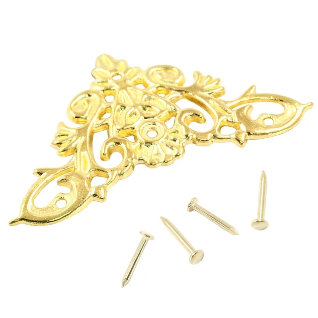 Alt view image 3 of 5 - 8 Pcs Vintage Style Corner Protectors, Gold | Triangle Furniture Decorative Edge Cover, Antique Zinc Alloy Carved, With Mounting Screws, For Box Wooden Case Table Desk