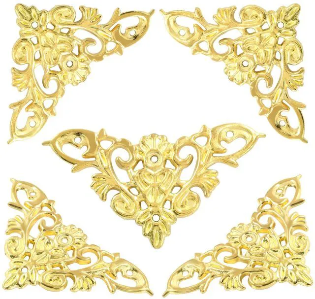 Alt view image 5 of 5 - 8 Pcs Vintage Style Corner Protectors, Gold | Triangle Furniture Decorative Edge Cover, Antique Zinc Alloy Carved, With Mounting Screws, For Box Wooden Case Table Desk