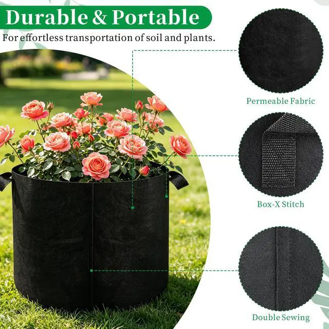 Alt view image 4 of 7 - Plant Grow Bags 10 Gallon 2 Pcs, Fabric Pots & Planter Bags for Vegetables | Breathable Nonwoven Fabric, Reinforced Handles, 15.7x12 in, Black Planter for Tomato Potato Herbs, Indoor Outdoor Patio