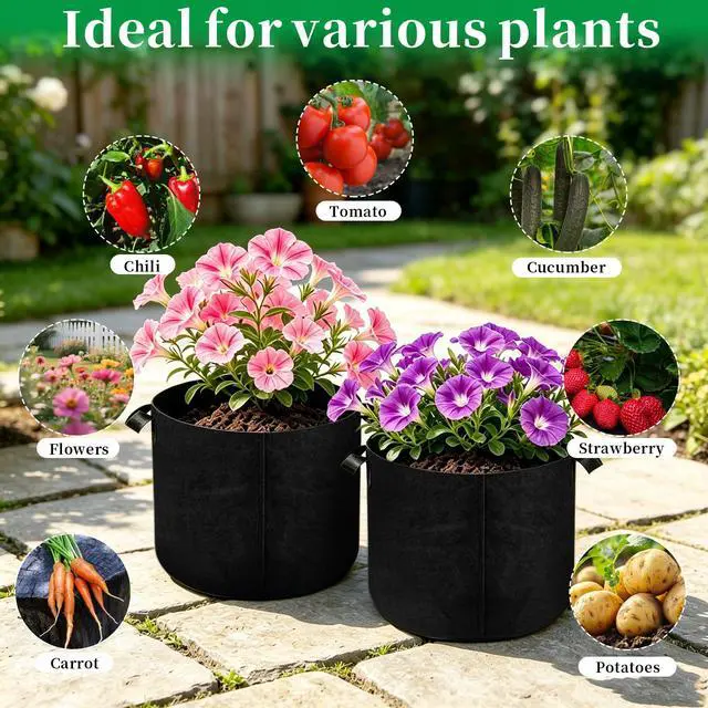 Alt view image 6 of 7 - Plant Grow Bags 10 Gallon 2 Pcs, Fabric Pots & Planter Bags for Vegetables | Breathable Nonwoven Fabric, Reinforced Handles, 15.7x12 in, Black Planter for Tomato Potato Herbs, Indoor Outdoor Patio