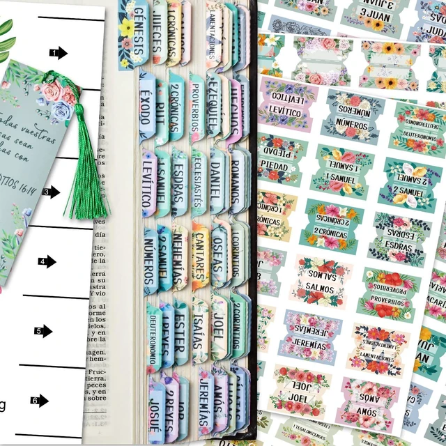 Main image of Spanish Bible Index Tabs New & Old Testament Tabs Matte Laminated Floral Design, Bible Journaling Supplies - 122 Pcs (Floral)