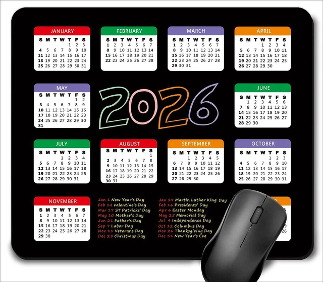 Main image of 2026 Calendar with Holiday Mouse Pad, Gaming Rectangle Mousepad for Computer Laptop Desk Mat,Cute for New Year Office Accessories (9.5 X 7.9 Inch) - Black