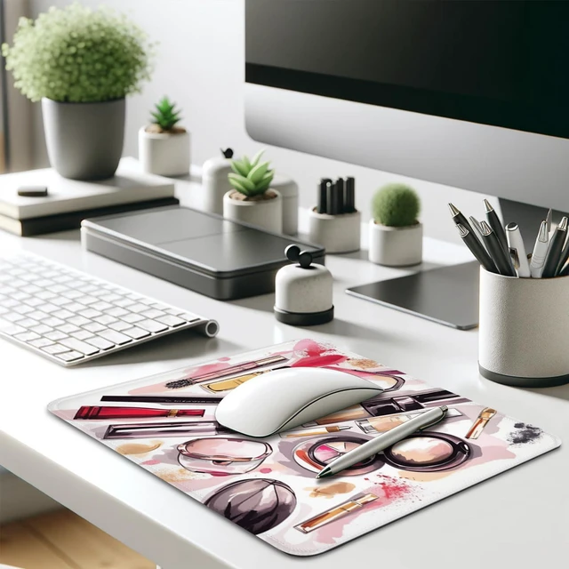Alt view image 7 of 7 - Chic Beauty Essentials Illustration Mouse Pad - Glam Up Your Workspace, Stitched Edges Non-Slip Rubber Base Mouse Pads for Computers Laptop