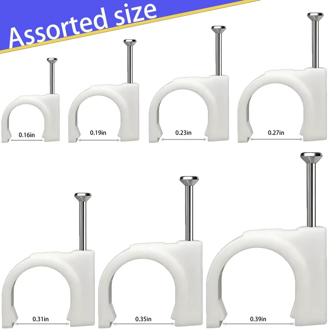 Alt view image 2 of 3 - 350Pcs White Cable Clips with Steel Nails, Multi Sizes 4-10mm, Wall Mount Wire Holders for Home Office Cable Management