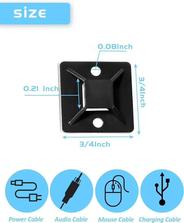 Alt view image 3 of 6 - 3/4" Zip Tie Mounts - 60 PCS Self Adhesive Cable Tie Mounts Wire Cable Anchors Squares Holders for Cable Management Outdoor Indoor (Black, 60PCS- 3/4INCH)