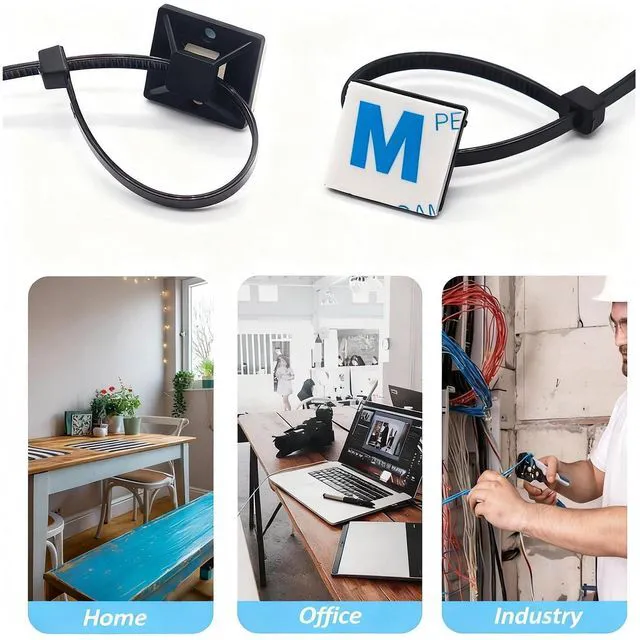 Alt view image 5 of 6 - 3/4" Zip Tie Mounts - 60 PCS Self Adhesive Cable Tie Mounts Wire Cable Anchors Squares Holders for Cable Management Outdoor Indoor (Black, 60PCS- 3/4INCH)