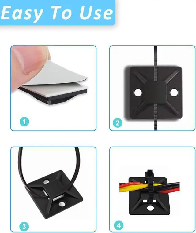 Alt view image 6 of 6 - 3/4" Zip Tie Mounts - 60 PCS Self Adhesive Cable Tie Mounts Wire Cable Anchors Squares Holders for Cable Management Outdoor Indoor (Black, 60PCS- 3/4INCH)