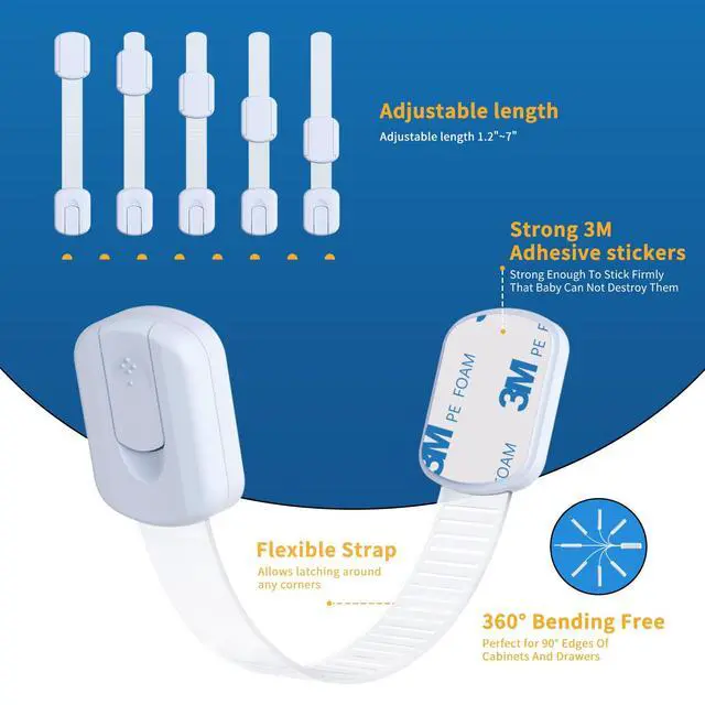 Alt view image 5 of 7 - 10-Pack Child Safety Cabinet LocksAdjustable No Drilling Baby Proofing Strap Latches for Drawers,Cupboard,Cabinets,Fridge,Toilet Seat,Door,ClosetNo Tool Easy 3M Adhesive Installation