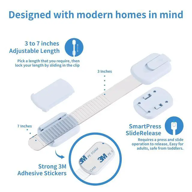 Alt view image 4 of 7 - 10-Pack Child Safety Cabinet LocksAdjustable No Drilling Baby Proofing Strap Latches for Drawers,Cupboard,Cabinets,Fridge,Toilet Seat,Door,ClosetNo Tool Easy 3M Adhesive Installation