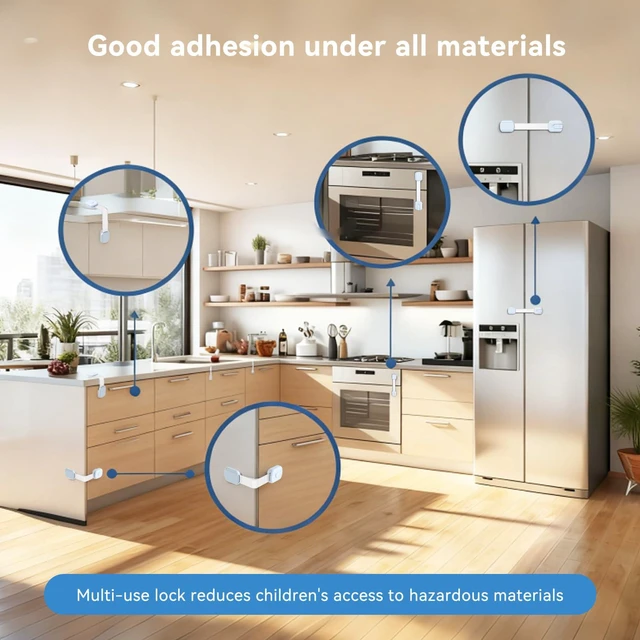 Alt view image 7 of 7 - 10-Pack Child Safety Cabinet LocksAdjustable No Drilling Baby Proofing Strap Latches for Drawers,Cupboard,Cabinets,Fridge,Toilet Seat,Door,ClosetNo Tool Easy 3M Adhesive Installation