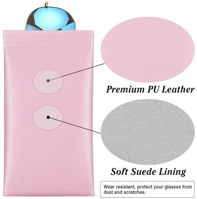 Alt view image 2 of 7 - Squeeze Top Glasses Pouch, Leather Soft Sunglasses Case, 2pack | PU Anti-Scratch Eyeglasses Bag with Cleaning Cloth for Women ,soft lining protect glasses Pink + Mint Green