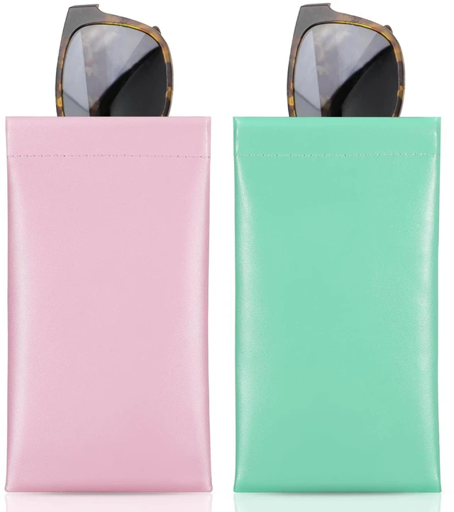 Main image of Squeeze Top Glasses Pouch, Leather Soft Sunglasses Case, 2pack | PU Anti-Scratch Eyeglasses Bag with Cleaning Cloth for Women ,soft lining protect glasses Pink + Mint Green