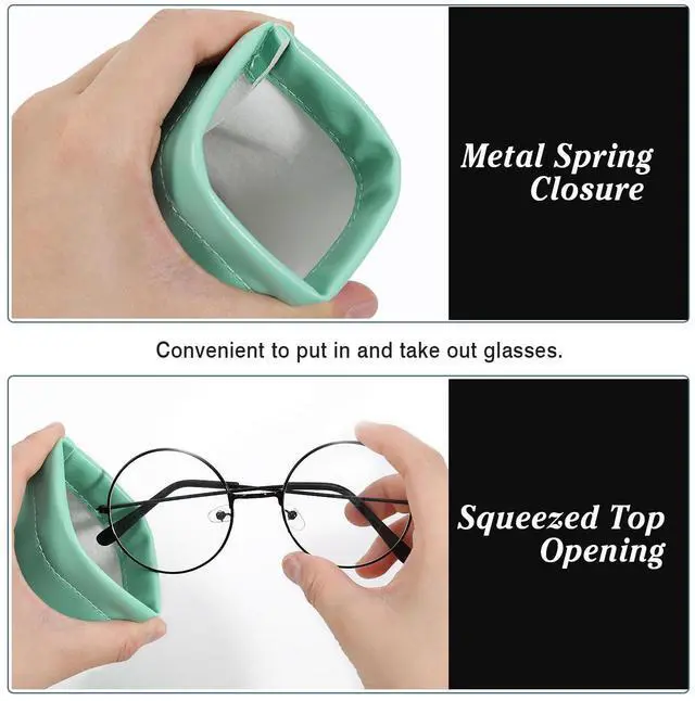 Alt view image 3 of 7 - Squeeze Top Glasses Pouch, Leather Soft Sunglasses Case, 2pack | PU Anti-Scratch Eyeglasses Bag with Cleaning Cloth for Women ,soft lining protect glasses Pink + Mint Green