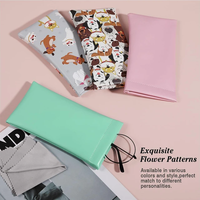 Alt view image 4 of 7 - Squeeze Top Glasses Pouch, Leather Soft Sunglasses Case, 2pack | PU Anti-Scratch Eyeglasses Bag with Cleaning Cloth for Women ,soft lining protect glasses Pink + Mint Green
