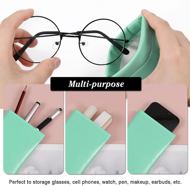 Alt view image 6 of 7 - Squeeze Top Glasses Pouch, Leather Soft Sunglasses Case, 2pack | PU Anti-Scratch Eyeglasses Bag with Cleaning Cloth for Women ,soft lining protect glasses Pink + Mint Green